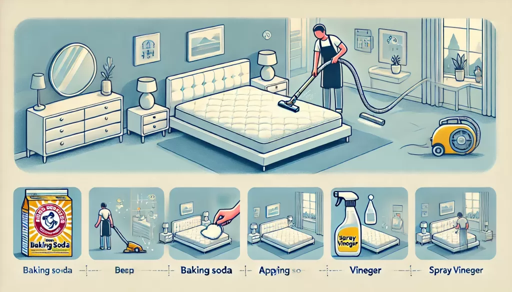 Yatak temizleme sürecini gösteren illüstrasyon: elektrik süpürgesiyle süpürme, karbonat uygulama ve sirke spreyi kullanma adımları.