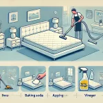 Yatak temizleme sürecini gösteren illüstrasyon: elektrik süpürgesiyle süpürme, karbonat uygulama ve sirke spreyi kullanma adımları.