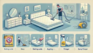 Yatak temizleme sürecini gösteren illüstrasyon: elektrik süpürgesiyle süpürme, karbonat uygulama ve sirke spreyi kullanma adımları.