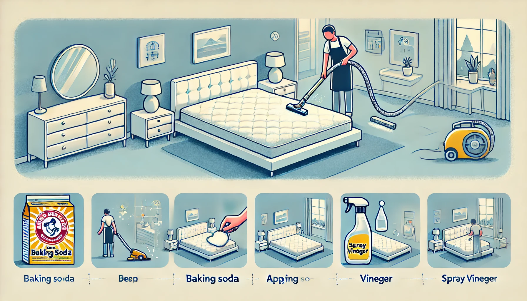 Yatak temizleme sürecini gösteren illüstrasyon: elektrik süpürgesiyle süpürme, karbonat uygulama ve sirke spreyi kullanma adımları.