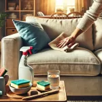 Koltuk temizliği yapılan bir oturma odası, bir kişinin elinde bez ile koltukta leke çıkarma işlemi yapması, temizlik malzemeleri yakında duruyor.