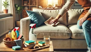 Koltuk temizliği yapılan bir oturma odası, bir kişinin elinde bez ile koltukta leke çıkarma işlemi yapması, temizlik malzemeleri yakında duruyor.