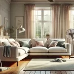 Modern bir oturma odasında, büyük pencerelerden gelen doğal ışıkla aydınlatılmış, yeni temizlenmiş koltuklar. Odanın zarif ve rahat atmosferi, kuruma sürecini hızlandırmak için açık pencere ve fan ile tamamlanmış.