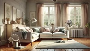 Modern bir oturma odasında, büyük pencerelerden gelen doğal ışıkla aydınlatılmış, yeni temizlenmiş koltuklar. Odanın zarif ve rahat atmosferi, kuruma sürecini hızlandırmak için açık pencere ve fan ile tamamlanmış.