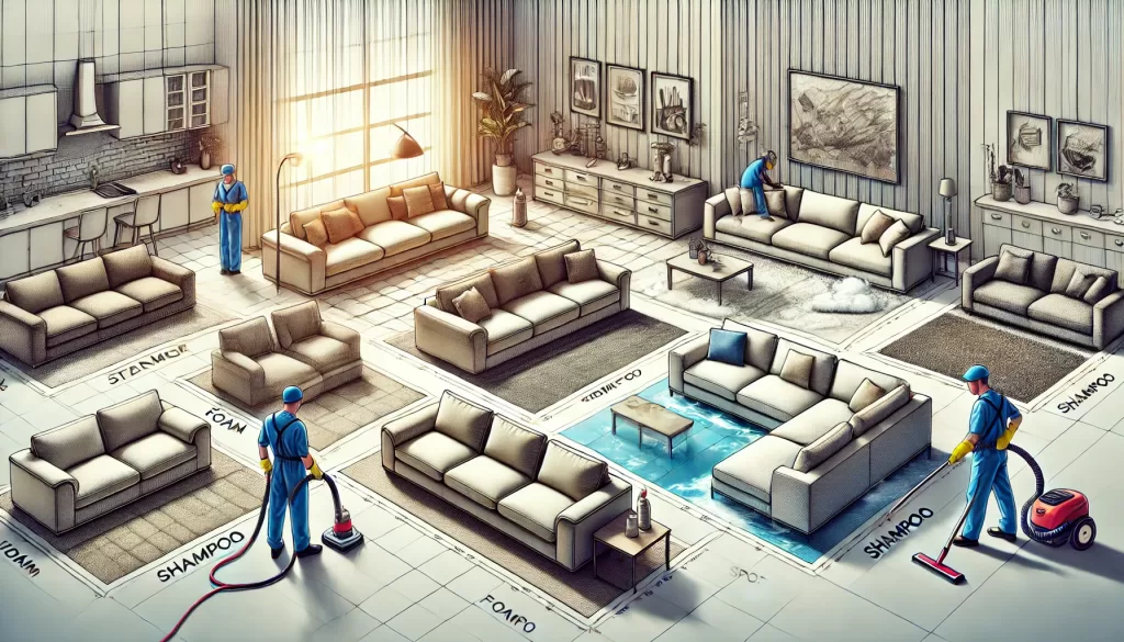 Farklı koltuk yıkama yöntemlerinin gösterildiği modern bir oturma odası. Görselde buharlı temizlik, şampuanlama, kuru köpük temizliği ve leke çıkarma gibi teknikler uygulanıyor.