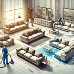 Farklı koltuk yıkama yöntemlerinin gösterildiği modern bir oturma odası. Görselde buharlı temizlik, şampuanlama, kuru köpük temizliği ve leke çıkarma gibi teknikler uygulanıyor.