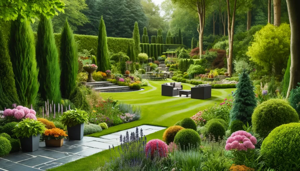 Güzelce düzenlenmiş, çiçeklerle dolu ve iyi bakılmış bir bahçe ile taş bir yola sahip peyzaj tasarımı. Arka planda ağaçlar ve su öğesi yer almakta.