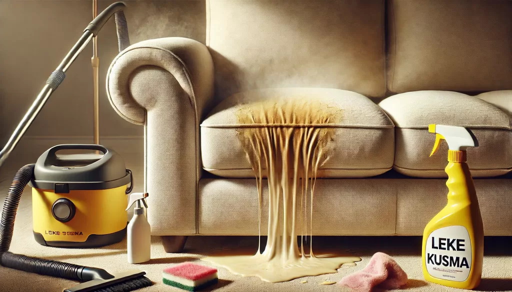 Bej renkli koltuk üzerinde temizleme sonrası tekrar beliren leke ve çevresinde temizlik malzemeleri ile leke kusma sorununu gösteren görsel.