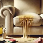 Bej renkli koltuk üzerinde temizleme sonrası tekrar beliren leke ve çevresinde temizlik malzemeleri ile leke kusma sorununu gösteren görsel.