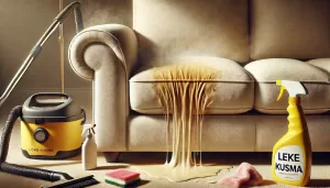 Bej renkli koltuk üzerinde temizleme sonrası tekrar beliren leke ve çevresinde temizlik malzemeleri ile leke kusma sorununu gösteren görsel.