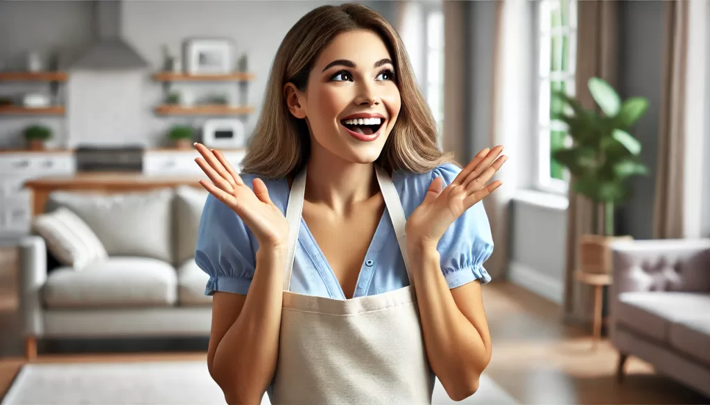 Mutlu ve şaşkın bir ev hanımı, temiz bir oturma odasında koltuk temizliği sonrası memnuniyetle ellerini havaya kaldırıyor